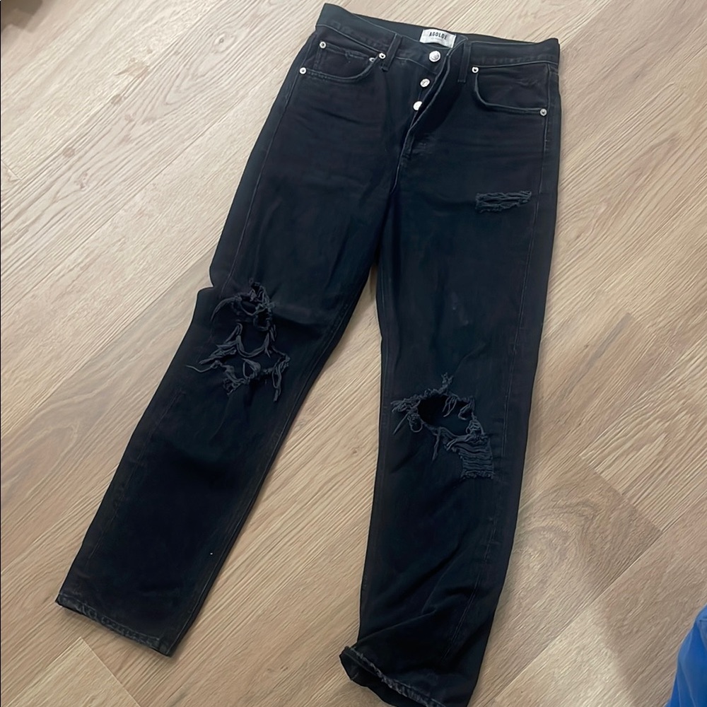 Agolde Black Straight Leg Jeans with Vintage Distressing